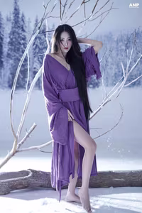 VGU No.85: Discover the Enigmatic Winter Beauty of a Long-Haired Muse Amidst Pure Snow, Adorned in Captivating Purple.-4