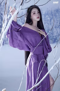 VGU No.85: Discover the Enigmatic Winter Beauty of a Long-Haired Muse Amidst Pure Snow, Adorned in Captivating Purple.-3