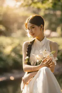 Serene Vietnamese Beauty in White Ao Dai with Lilies: A Golden Hour Portrait 1000025192-0