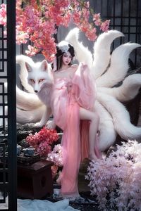 Mesmerizing Nine-Tailed Fox Cosplay: Ethereal Beauty in a Cherry Blossom Garden-4
