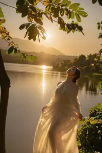 Golden Hour Serenity: Woman in White Dress Embracing Nature's Beauty by the Lake at Sunset.-1