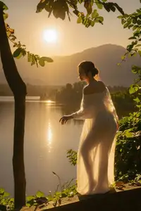 Golden Hour Serenity: Woman in White Dress Embracing Nature's Beauty by the Lake at Sunset.-2