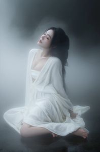 Ethereal Woman in White Dress Amidst Misty Haze Portrait-0