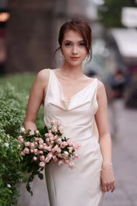 VGU No.11: Elegant Charm: A Woman's Grace in White Gown and Delicate Rose Bouquet-6