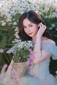 Enchanting Muse in White Chrysanthemum Field: A Portrait of Grace and Natural Beauty.-4