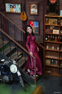 Discover Vietnamese Ao Dai Beauty: Elegant, Graceful Girl in a Cafe Setting-18