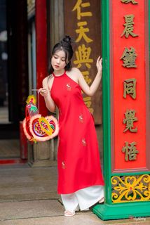 Vietnamese Cultural Beauty: Girl in Red Ao Dai & Traditional Lion Dance Prop-7