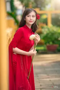 VGU No.188: Captivating Elegance: Vietnamese Beauty in Red Áo Dài with Sacred Lotus Flower.-0