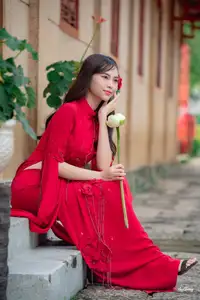 VGU No.188: Captivating Elegance: Vietnamese Beauty in Red Áo Dài with Sacred Lotus Flower.-12