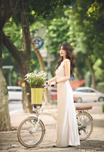 VGU No.54: Elegant Vietnamese Girl with White Chrysanthemums, A Gentle Moment by Bicycle Amidst Greenery.-1