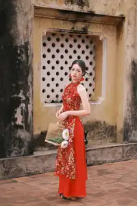 Graceful Asian Woman in Vibrant Red Floral Dress: Timeless Elegance by the Ancient Tree 1000024556-6