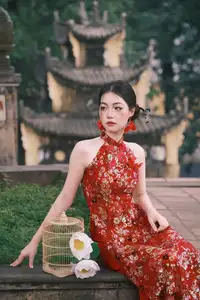 Graceful Asian Woman in Vibrant Red Floral Dress: Timeless Elegance by the Ancient Tree 1000024556-5