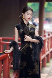 Captivating Asian Beauty in an Elegant Black Velvet Cheongsam-4