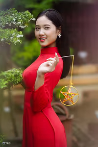 XVG No.15: The Beauty of Vietnam A Girl in Red Ao Dai with Traditional Lantern, an East Asian Cultural Symbol-3