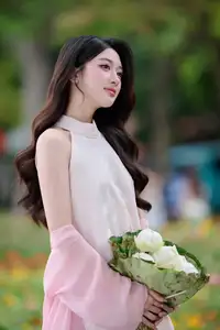 VGU No171: Vietnamese Beauty Graces a Flower Garden in Elegant Pink Ao Dai and Conical Hat-10