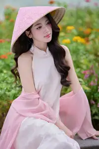 VGU No171: Vietnamese Beauty Graces a Flower Garden in Elegant Pink Ao Dai and Conical Hat-7