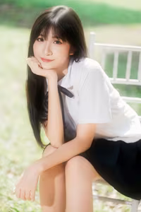 XVG No.42: Asian Girl's Serene Smile in School Uniform Amidst Lush Green Nature.-5