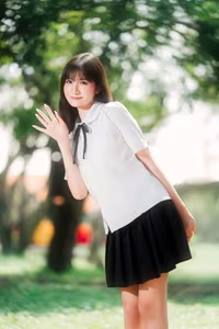 XVG No.42: Asian Girl's Serene Smile in School Uniform Amidst Lush Green Nature.-7