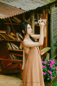 XVG No.46: Discover Natural Beauty: Young Woman in Linen Dress by a Serene Stream, a Moment of Pure Tranquility.-4