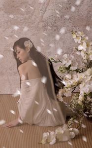 Ethereal Asian Beauty: Woman in Straw Hat with White Flowers-5