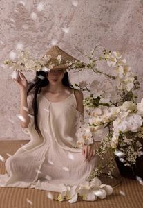 Ethereal Asian Beauty: Woman in Straw Hat with White Flowers-7