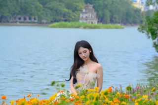 Graceful Girl in White Dress by the Lake | Elegant Beauty Outdoor Photoshoot 1000018051-4