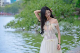 Graceful Girl in White Dress by the Lake | Elegant Beauty Outdoor Photoshoot 1000018051-1