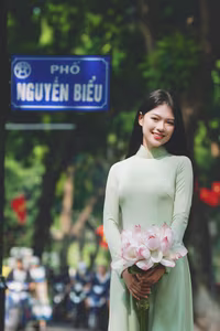 XVG No.48: Vietnamese Ao Dai Beauty Graceful Girl with Flowers and Bicycle on Historic Street-7