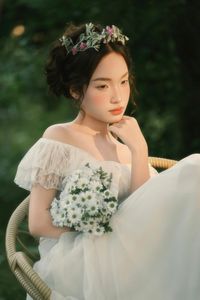Ethereal Beauty: Girl in White Dress, Flower Crown, Poetic Nature Scene-2