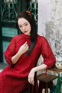 VGU No.27: Radiant Smile in Red Ao Dai, Capturing Vietnamese Traditional Beauty-1