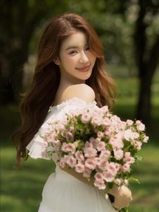 Gentle Beauty: Girl in Pristine White Dress with Pink Rose Bouquet Amidst Nature, Elegant Summer Style 1000019683-7