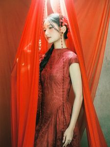 East Asian Grace: Elegant Model in Red Dress, Artistic Pose-13
