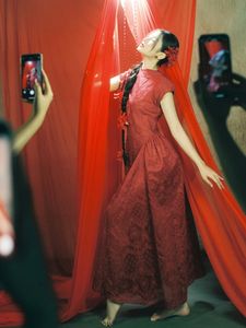 East Asian Grace: Elegant Model in Red Dress, Artistic Pose-4