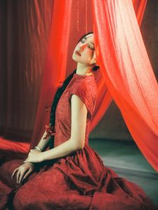 East Asian Grace: Elegant Model in Red Dress, Artistic Pose-5
