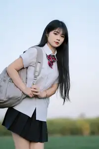 Youthful Schoolgirl in Uniform: Serene Golden Hour Beauty, a Glimpse into Nostalgic Student Life.-13