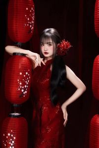 Enchanting Asian Beauty: Elegant Red Dress, Parasol and Traditional Lanterns-20