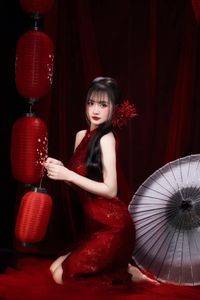 Enchanting Asian Beauty: Elegant Red Dress, Parasol and Traditional Lanterns-22