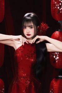 Enchanting Asian Beauty: Elegant Red Dress, Parasol and Traditional Lanterns-4