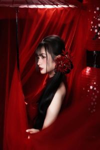 Enchanting Asian Beauty: Elegant Red Dress, Parasol and Traditional Lanterns-13