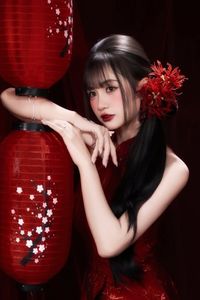 Enchanting Asian Beauty: Elegant Red Dress, Parasol and Traditional Lanterns-18