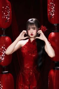 Enchanting Asian Beauty: Elegant Red Dress, Parasol and Traditional Lanterns-19