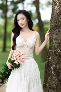 VGU No.95: Gentle beauty of a Vietnamese young woman in a pure white lace dress amidst nature.-12