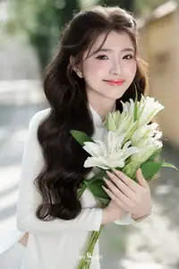 Vietnamese Schoolgirl Gracefully in Pure White Ao Dai Traditional Conical Hat and Lilies-10