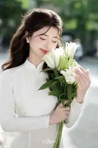 Vietnamese Schoolgirl Gracefully in Pure White Ao Dai Traditional Conical Hat and Lilies-5