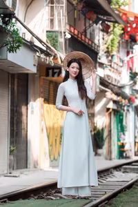 VGU No.79: Elegant Vietnamese Ao Dai Beauty on Hanoi Train Street-7