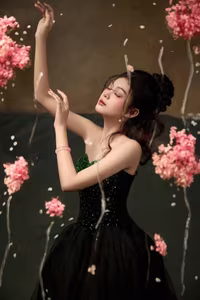 VGU No.40: Elegant Muse in Dreamy Evening Gown, Captivating Beauty Amidst Falling Petals-0
