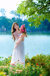 XVG No.28: Radiant beauty smiles brightly with pink roses amidst a dreamy floral landscape.-11