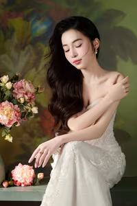 VGU No.98: Elegant Beauty in White Dress with Fresh Flowers – A Timeless Allure.-2