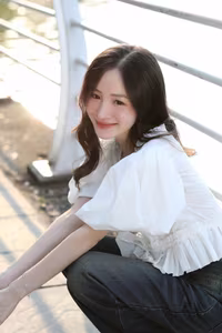 XVG No.44: Captivating Smile of a White-Clad Muse by the Lake A Radiant Moment of Youthful Beauty-17