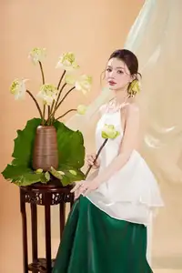 Elegant Vietnamese Muse with Gentle Lotus Flowers, Wearing Modernized Yếm Top 1000025258-9